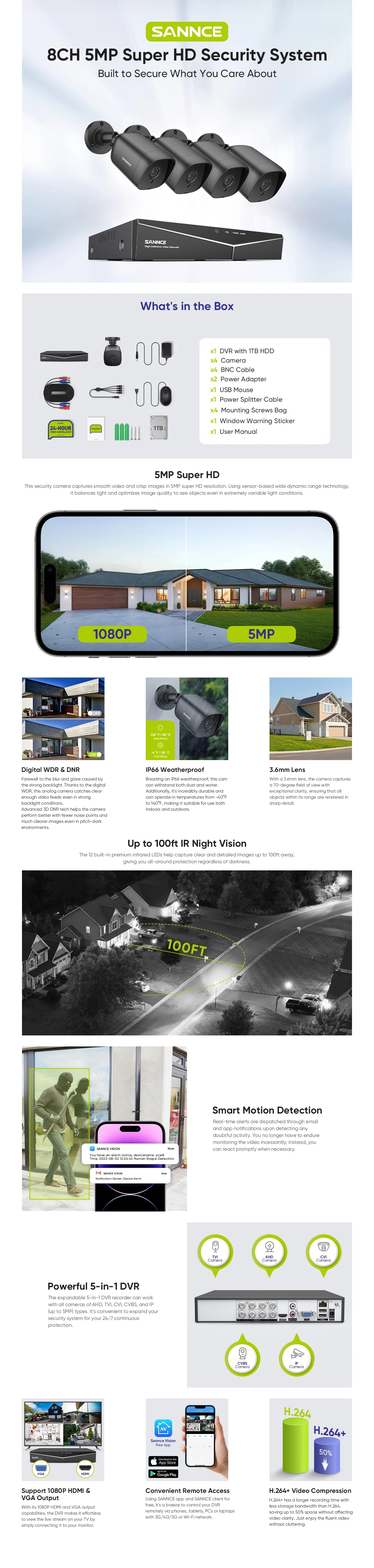 SANNCE 8CH Security CCTV System with 4 x 5MP Cameras