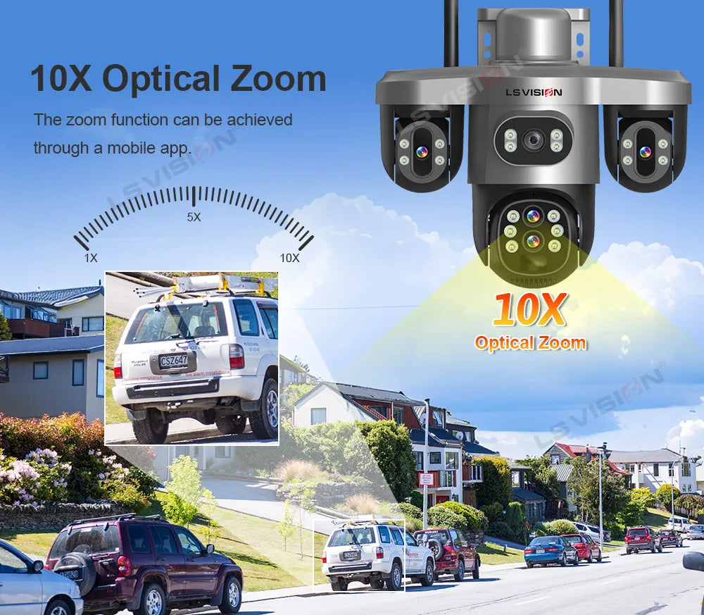 Solar Security Camera 4 Lens 3 Screen 10x Optical Zoom 4G WiFi PTZ