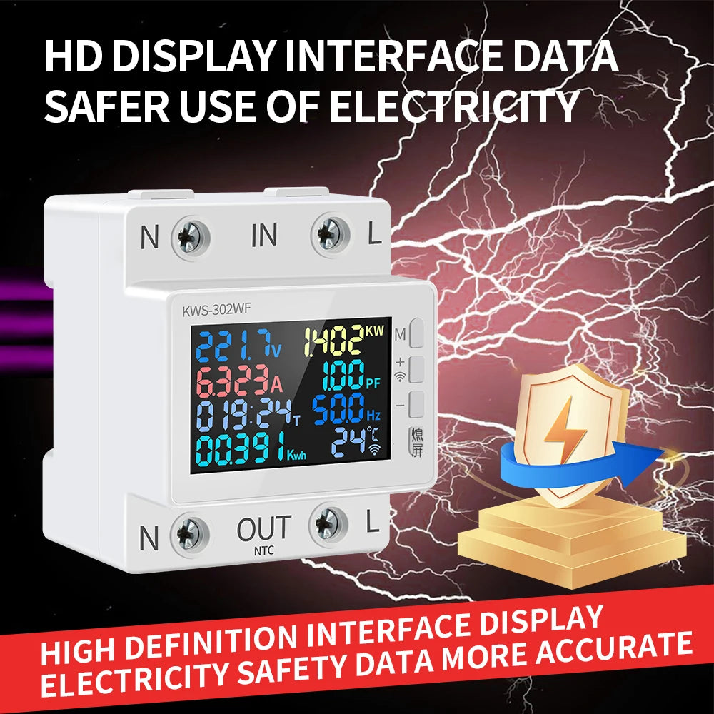 Tuya WiFi 8in1 Power Meter 2P AC Energy Meter APP Control 170-270V/63A Voltage and Current Meter Electricity Meter Smart Life