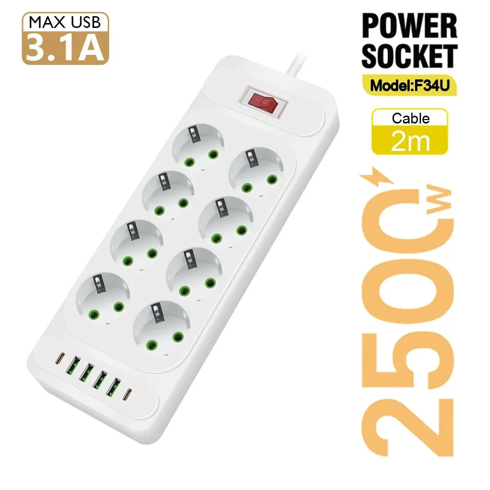 EU Plug AC Outlet Multitap Power Strip 2m Extension Cord Electrical Socket Smart USB Home Office Surge Protector Network Filter