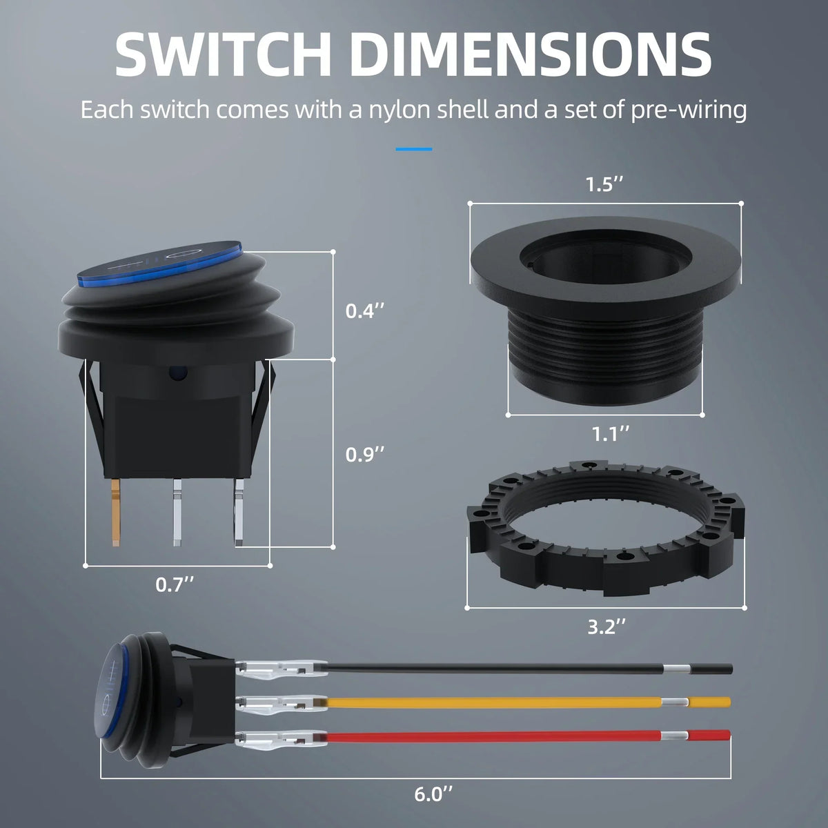 12V Illuminated Round Rocker Switches, 5 Pieces