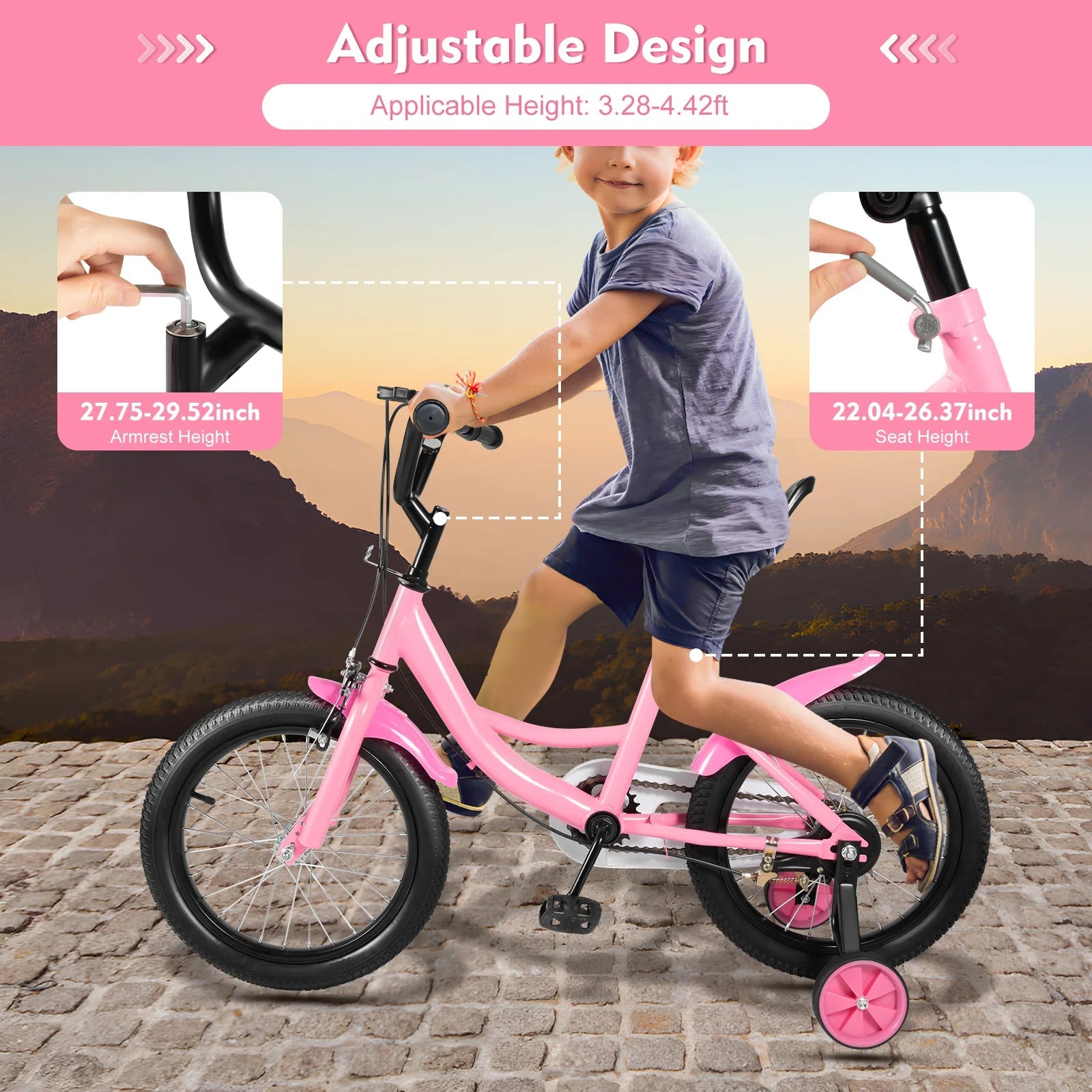 16 Inch Kids Bike Adjustable Height Dual Brakes Children's Bicycle Load 50kg w/ Training Wheels for Ages 5-8 (Pink/Green/Yellow)