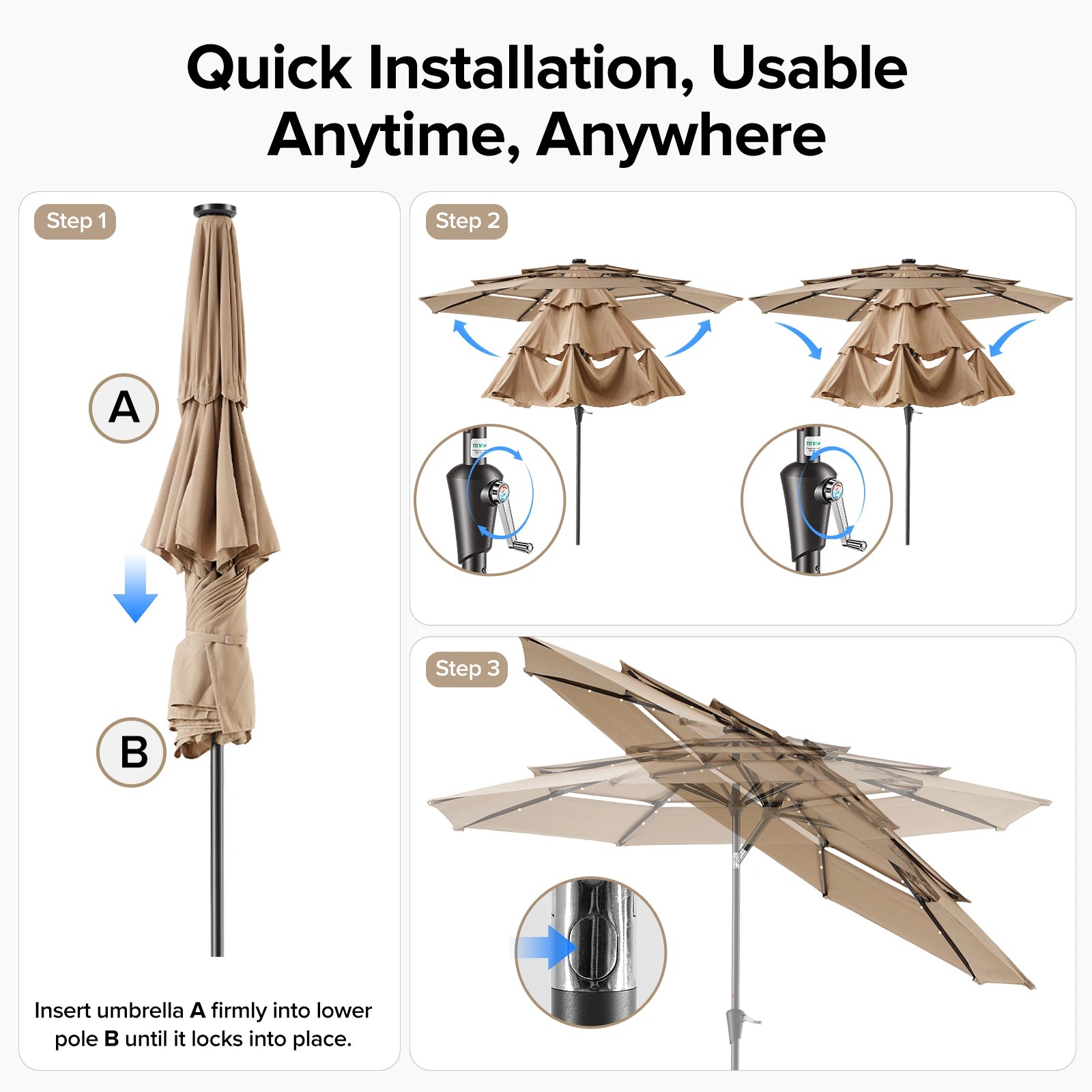 JHK 3-lags 10FT udendørs parasol med 32 LED-lys, håndsving, 8 robuste ribber, bordparasol til pool, strand og udendørs brug