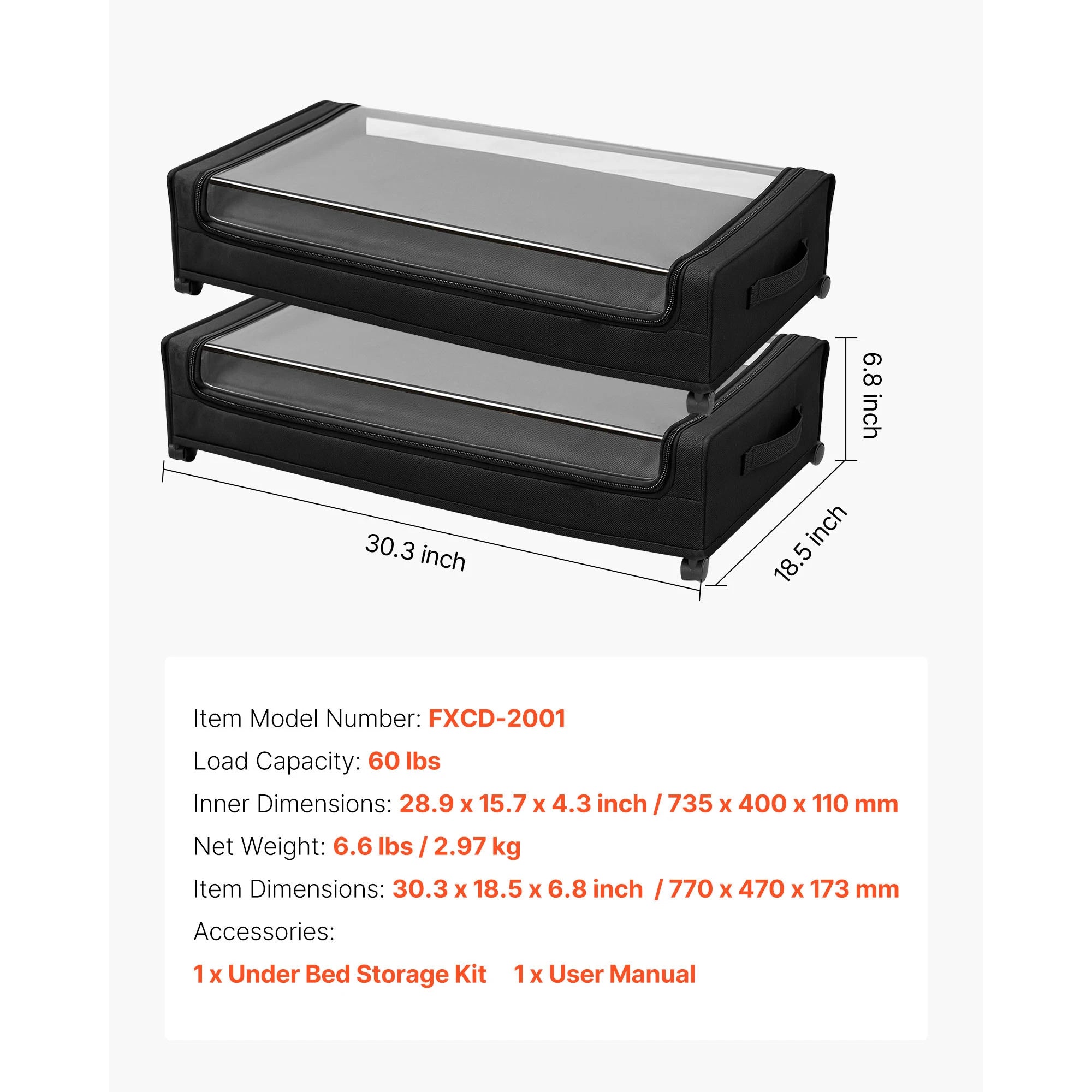Under Bed Storage Organizer with Wheels and Clear Lid Bins