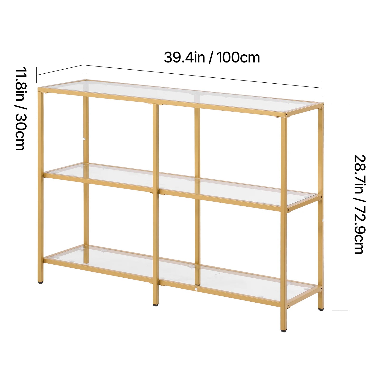 Modern Glass Console Table with Metal Frame, Multi-Tier Storage