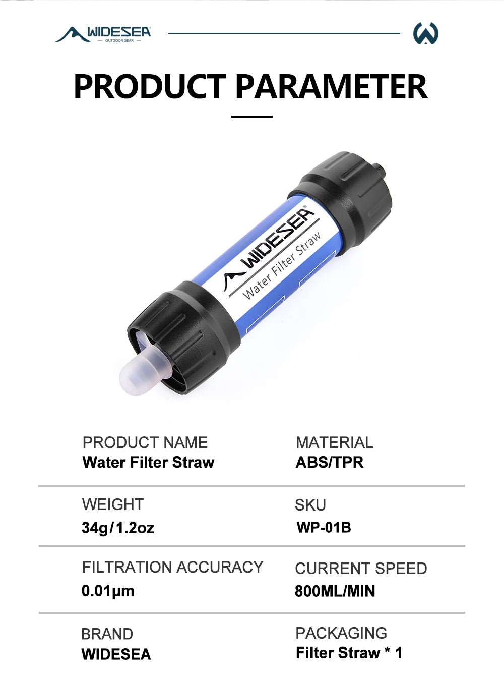 Camping Outdoor Water Purifier Straw with 0.01 Micron Filtration