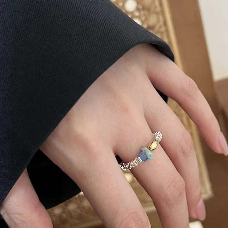 925 Sterling Silver plated Liquid Lava Hetian Jade Bamboo Ring for Women Girl Gift Irregular Vintage Jewelry Dropshipping