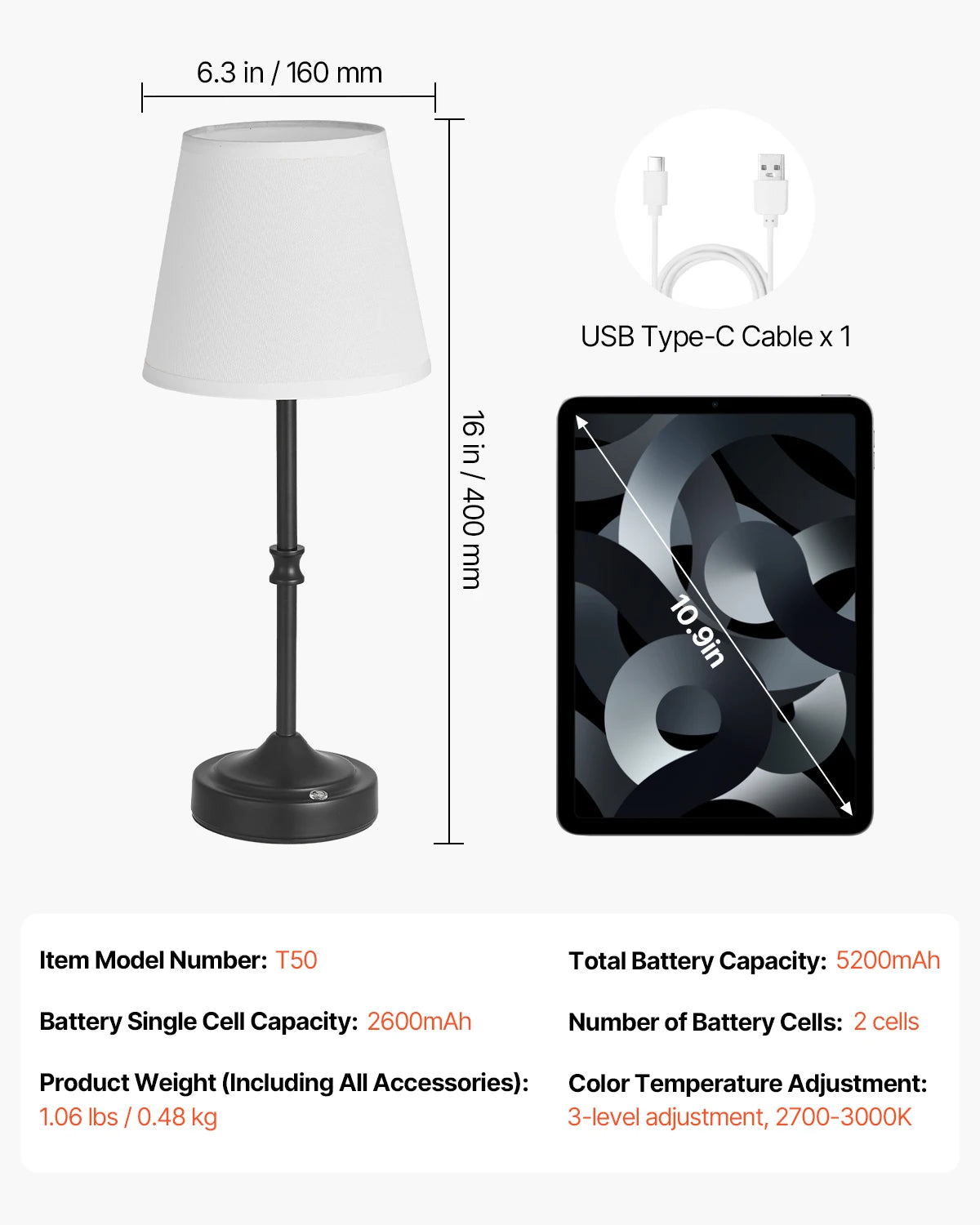 Cordless Table Lamp with Rechargeable Battery & Touch Dimming