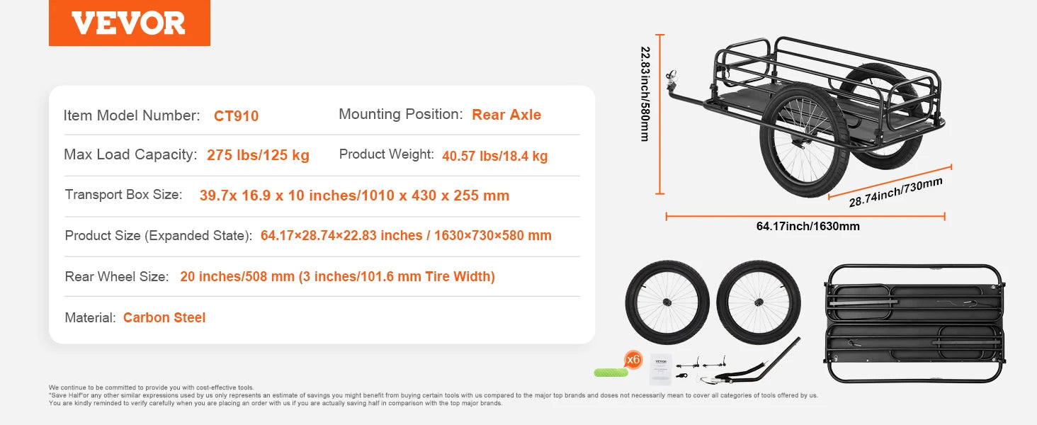 SucceBuy Reboque de Carga para Bicicleta de 275 lbs/125 kg, Bicicleta Carrinho de Mão Foldável Compacto, com Engate Universal, Rodas de 20", Compatível com a Maioria das Bicicletas