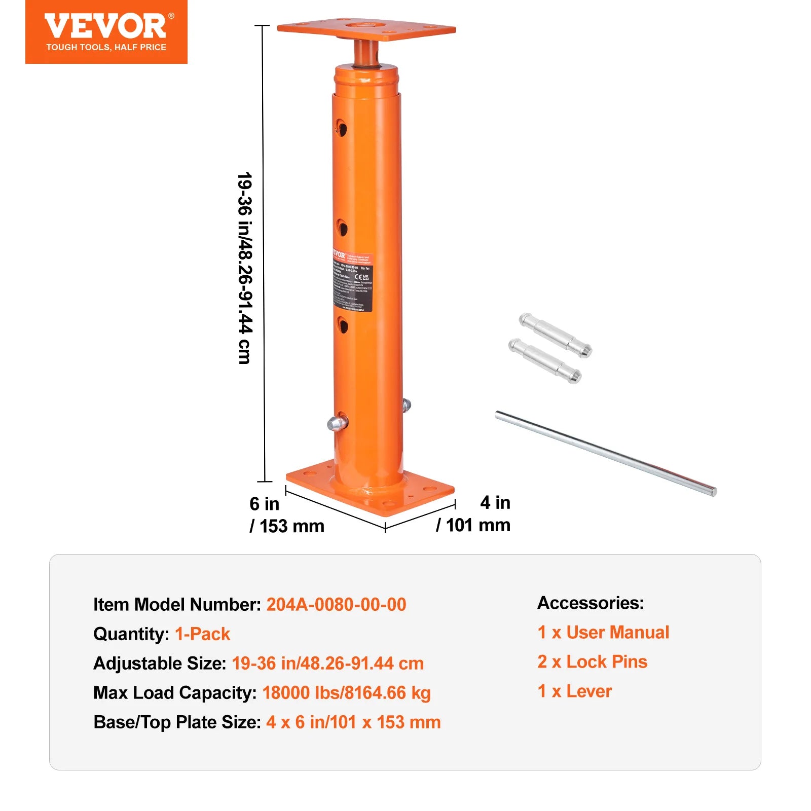 Adjustable Floor Jack Post 54–150 in, 11200 lb Load Capacity