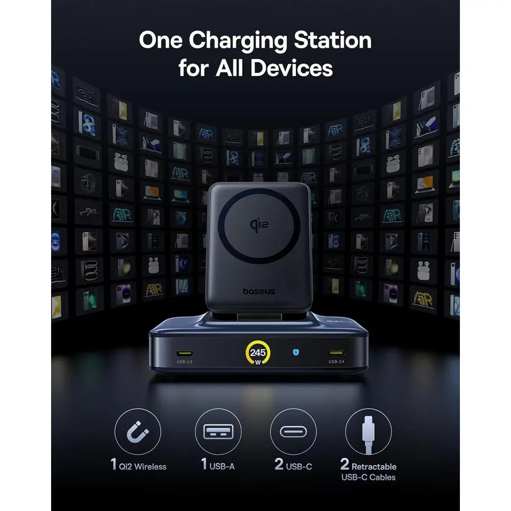 Station de charge USB-C 6-en-1 245W avec câbles rétractables et Qi2