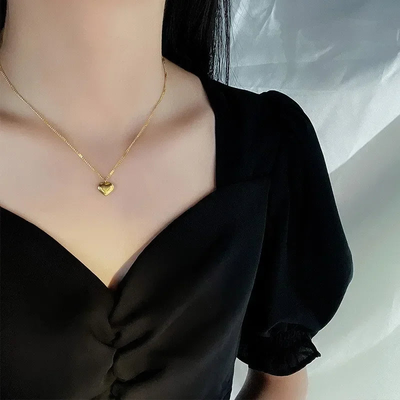 Gold Color Heart Shape Metal Pendant Korean Chain Necklace For Women Silver Color Lovely Women Ins Necklace Fashion Jewelry