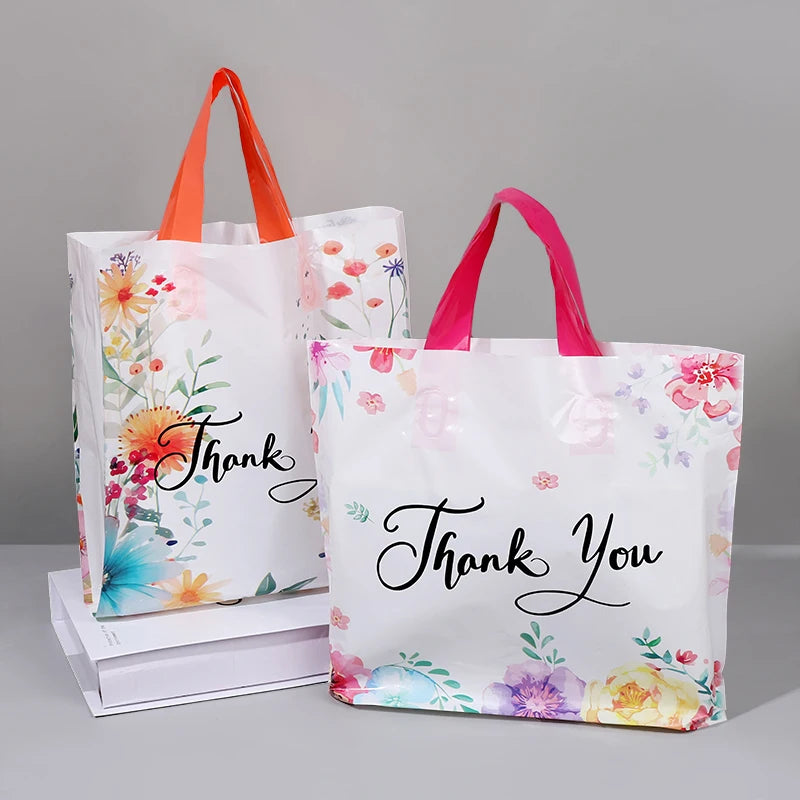 10/20/30Pcs Thank You Gift Bag Floral Design Plastic Tote Bags for Wedding Birthday Party Gift Packaging Thanksgiving Christmas