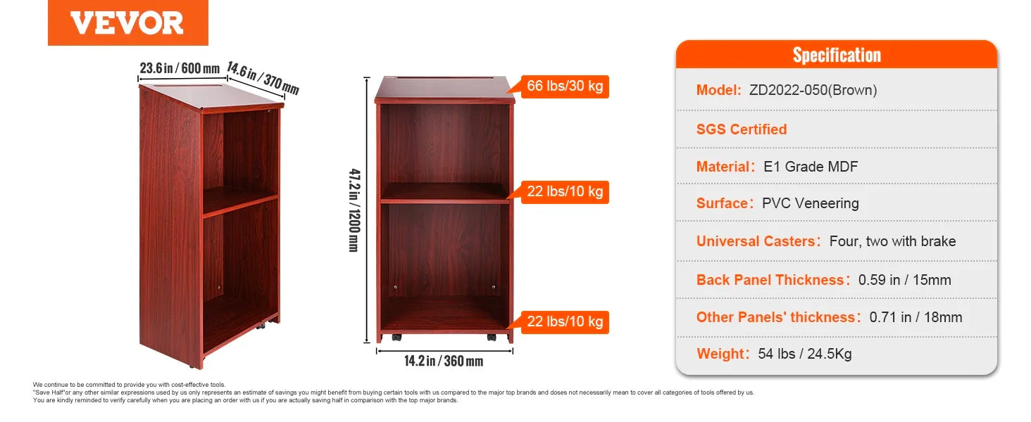 47" Rolling Podium Stand with Shelves and Tilted Desktop