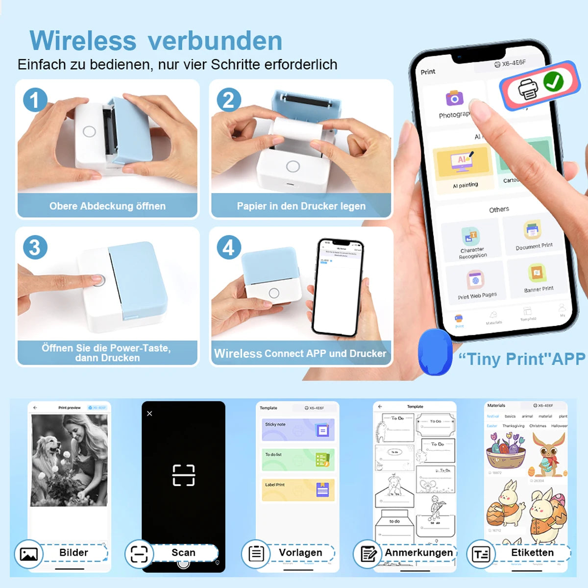 Mini drukarka etykiet termicznych Bluetooth, 203 dpi