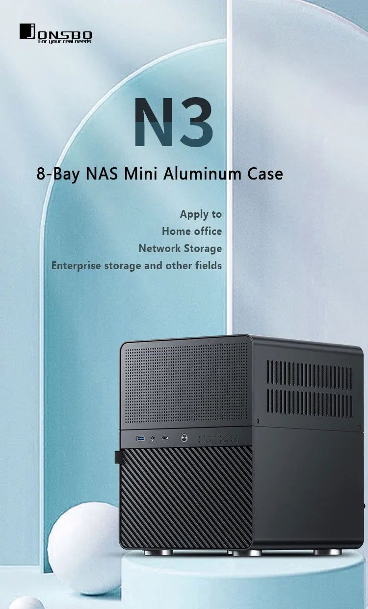 JONSBO N3 Mini NAS-chassi ITX Mini aluminium med stålplatta, stöd för 130 mm CPU-kylare, två 100×25 mm-fläktar ingår