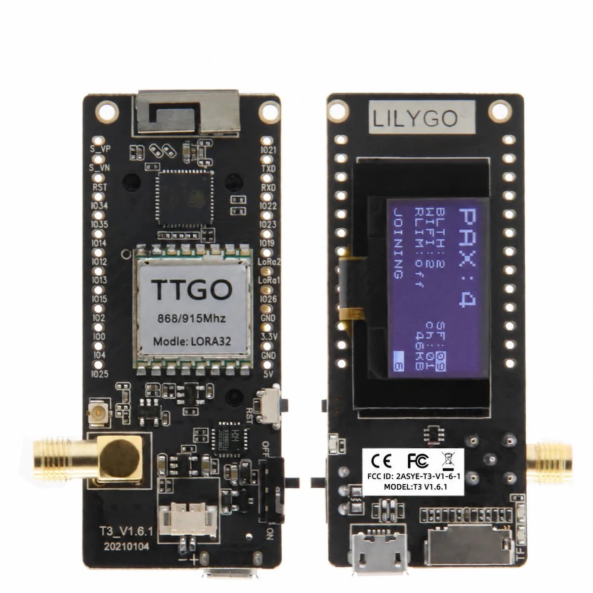 Front and rear views of the ESP32 LoRa development board with OLED display