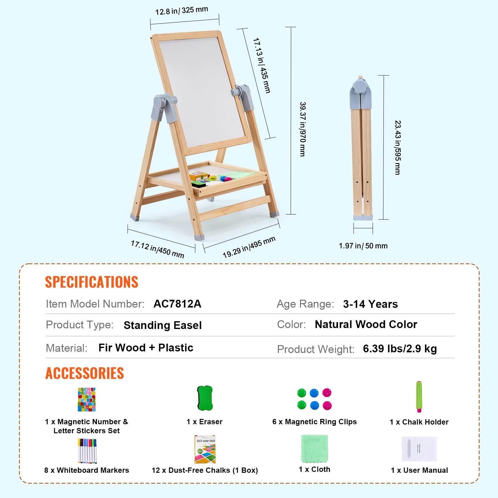 Barns staffli med magnetisk tavla, justerbar höjd 27–38”