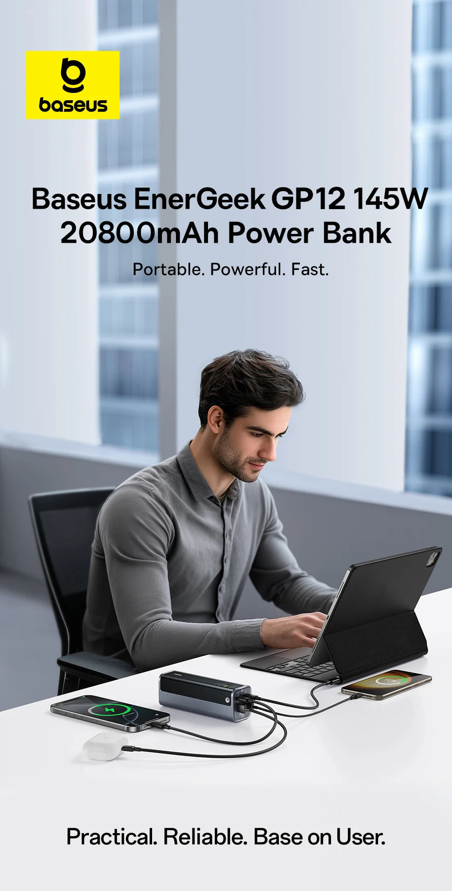 Baseus Power Bank 145W 20800mAh con doppia USB A, USB C PD 100W, ricarica rapida, display digitale, power bank portatile per laptop, telefono e Steam