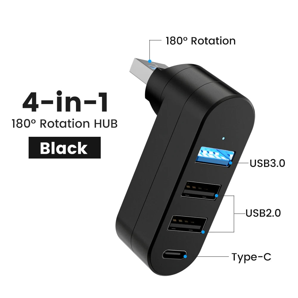 Hub USB rotativo com três portas USB-A e uma porta USB-C