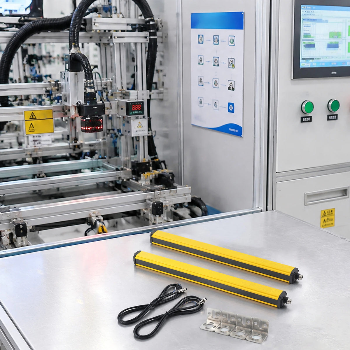 2 db 10 Beam 40MM fényfüggöny szenzor, IP65 biztonsági eszköz 360 mm védelmi magasság és 3 m detekciós távolság, NPN kimenet ipari automatizáláshoz, robotok, gépek (sárga)