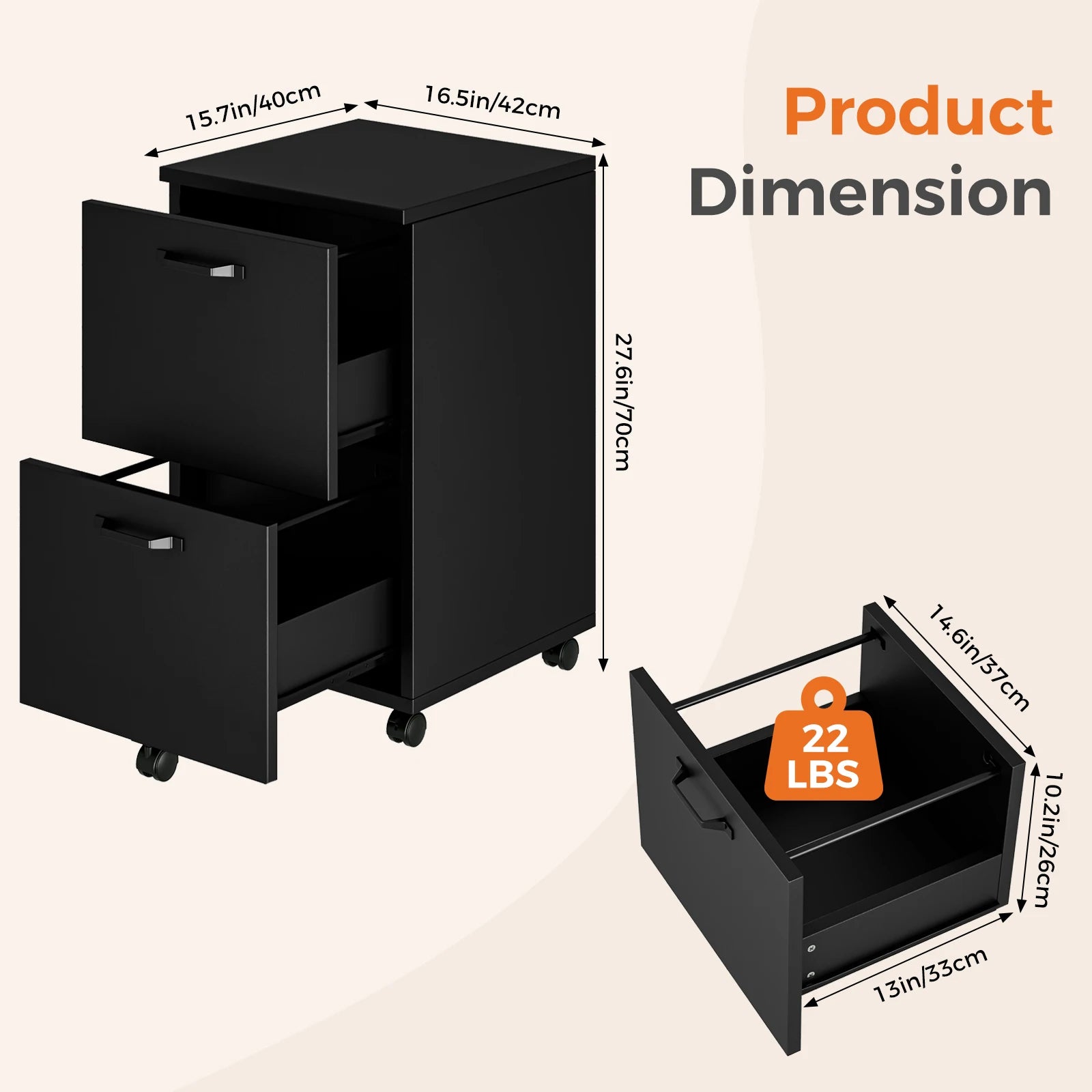 2 Drawer Rolling Wood Filing Cabinet with Locking Wheels