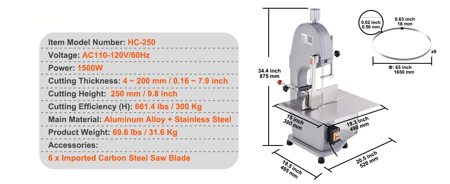 Commercial Electric Meat Bandsaw Stainless Steel Countertop Bone Sawing Machine with 6 Blades
