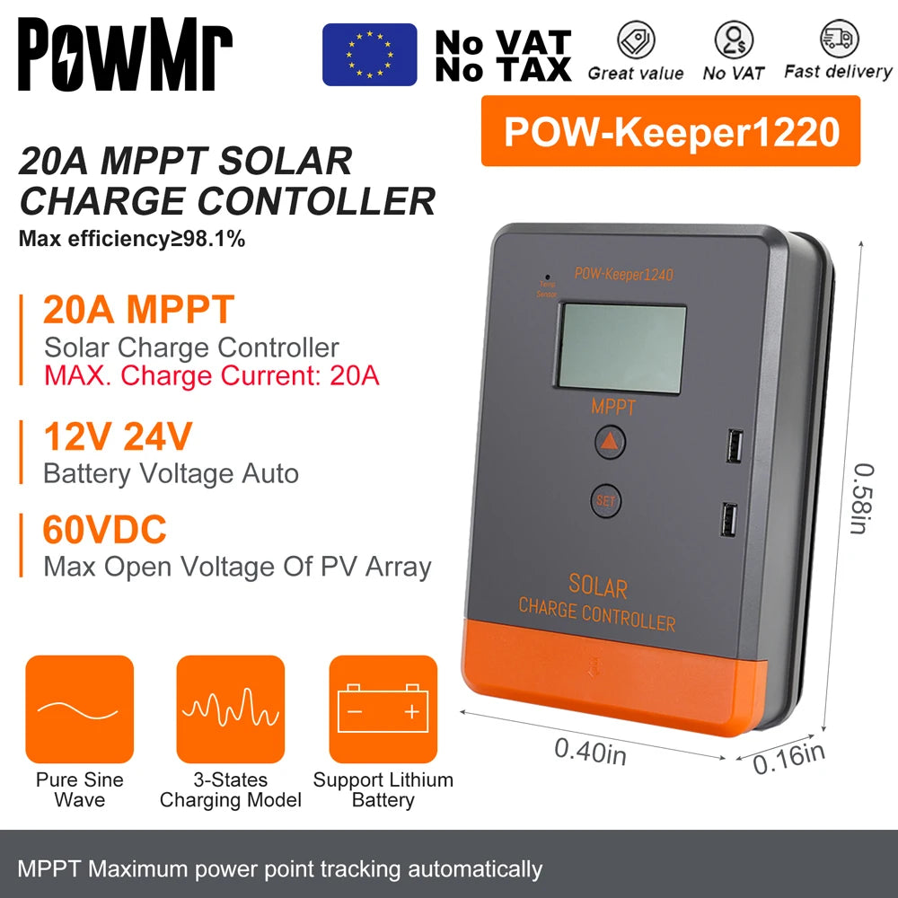 PowMr MPPT 100A 80A 60A 40A 30A 30A 20A Solar Charger Controller LCD Work With 12V 24V 36V 48V Lead-acid Lifepo4 Battery Solar Panel