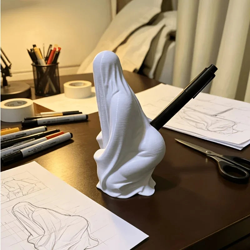Halloween-i Ghostface tolltartó, vicces guggoló szellemfigura, ceruzatartó, asztali rendszerező, ajándék a horror és a Sikoly rajongóinak, otthoni asztaldísz