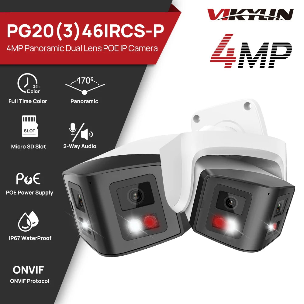 VIKYLIN Hikvision Compatible 4MP Dual Lens IP Camera 180 Panoramic POE Security IP Camera Two-Way Audio Video Surveillance CCTV