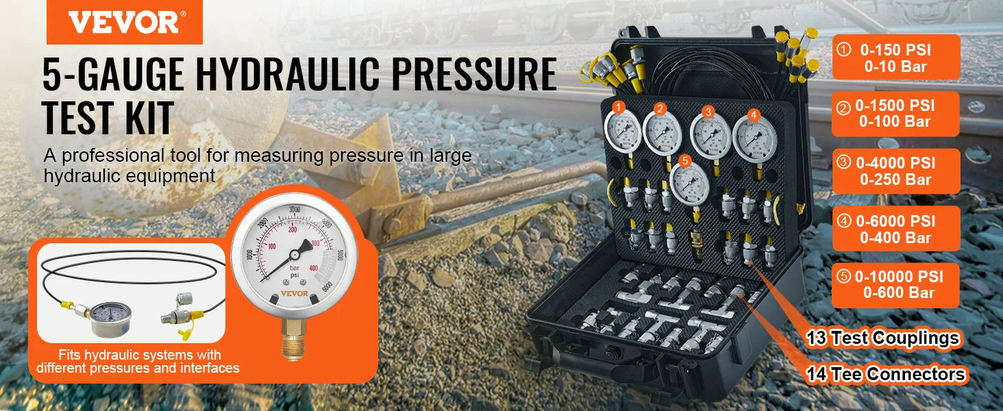 Sada pro testování hydraulického tlaku s 5 manometry a kompletní sadou adaptérů
