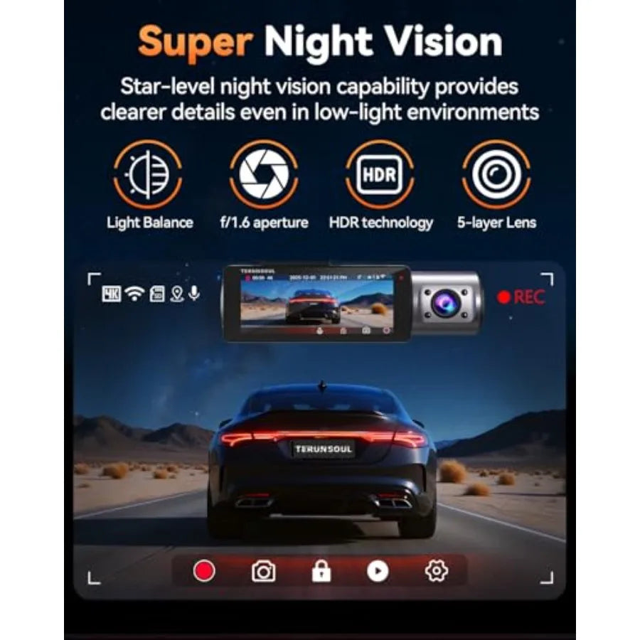 4K Front and Rear Dash Cam with Night Vision and Collision Sensor