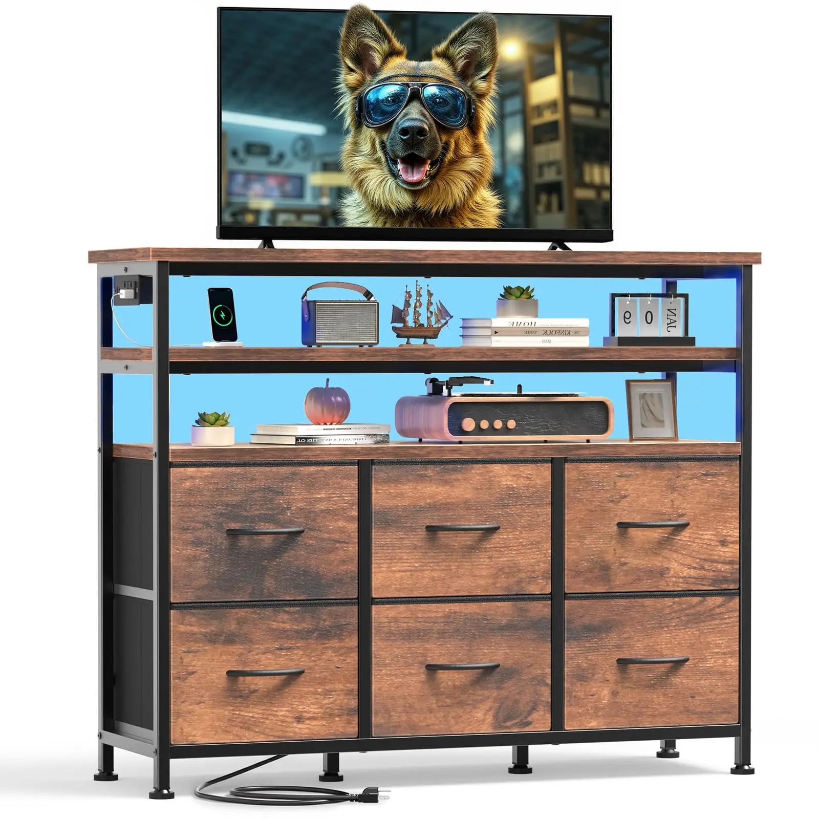 TV Stand with 6 Drawers, Charging Station & LED Lights for up to 45" TVs