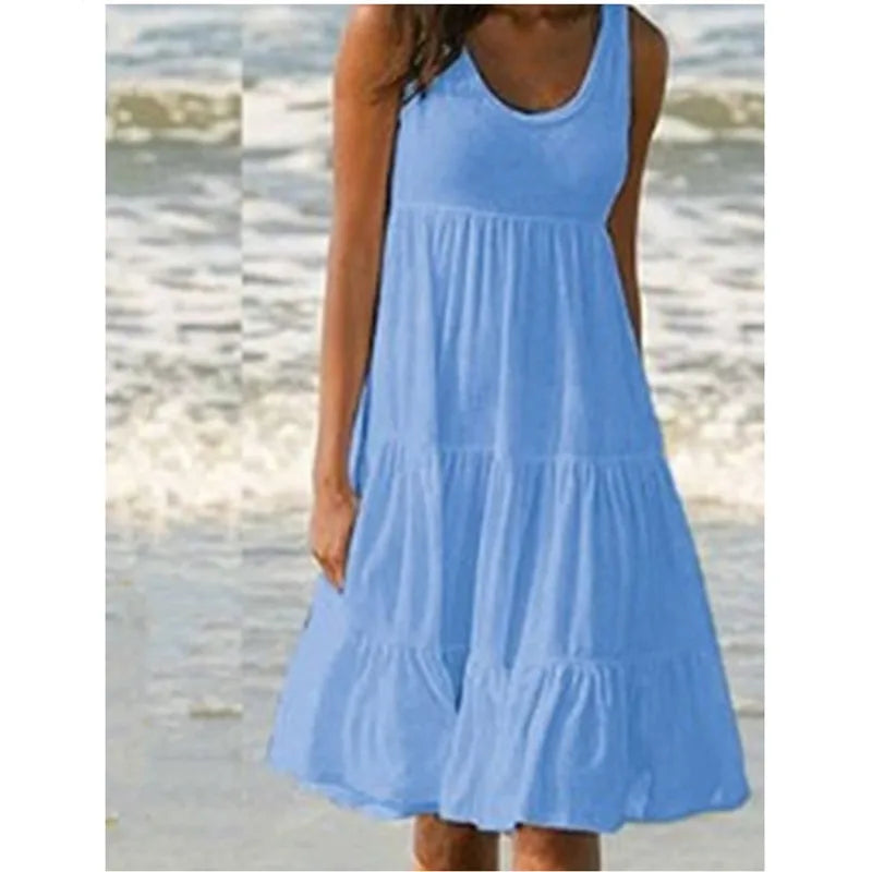 Bohemian Women's Casual O Neck Sleeveless Ruffle Mini Dress Solid Color Beach Tank Top Oversized Loose Dress Plus Size Women3029