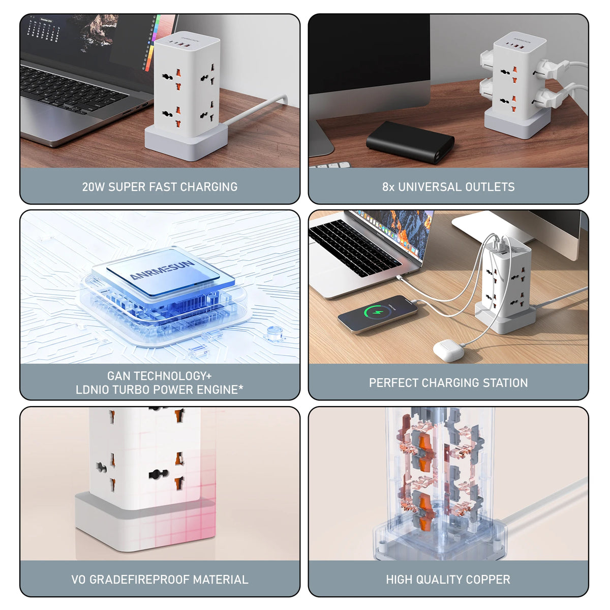 Tower Extension Power Strip with USB-C