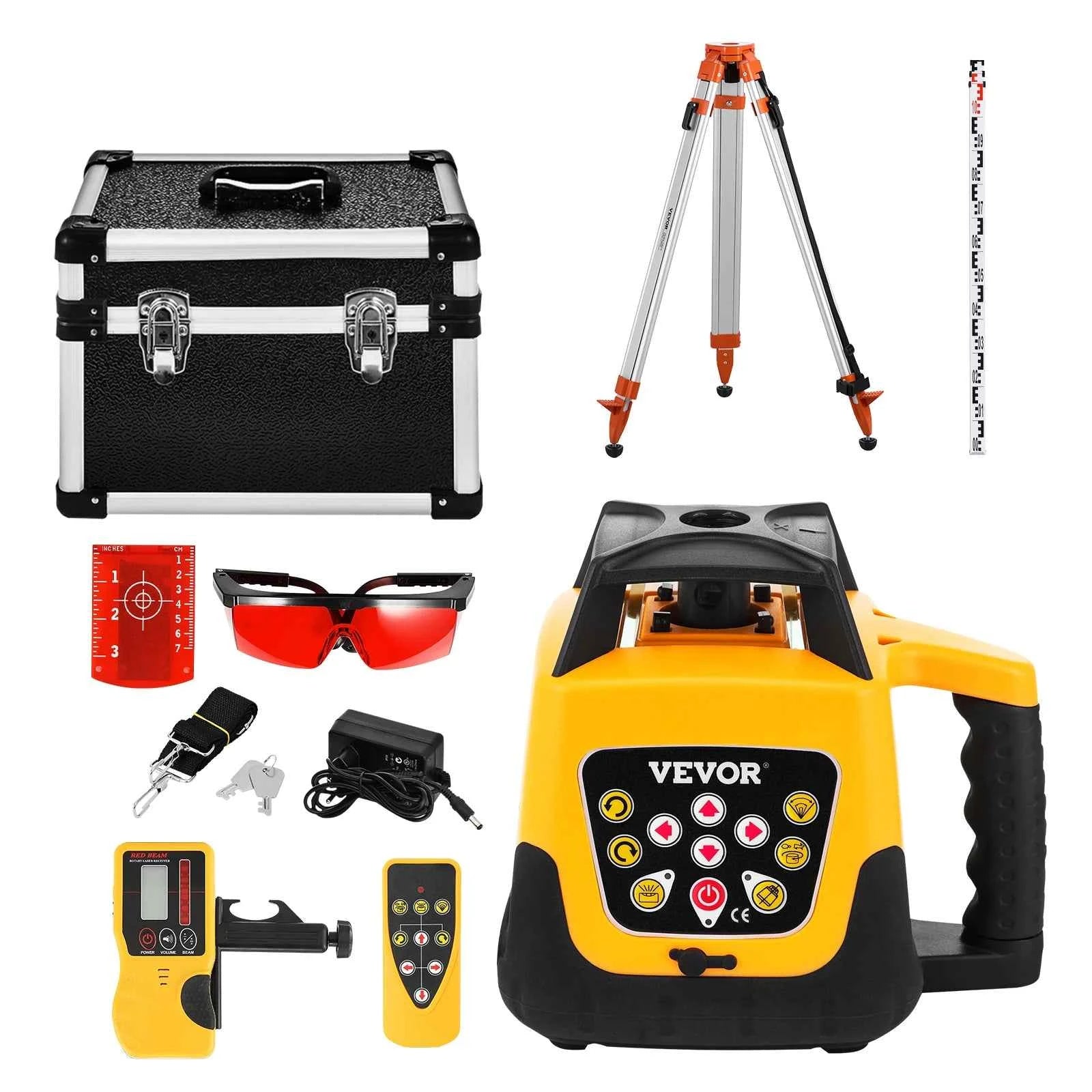 Rotary Laser Level Kit with Tripod and Staff Gauge, Red/Green Beam, 984 ft Range, Slope Adjustable, 360-Degree Spinning