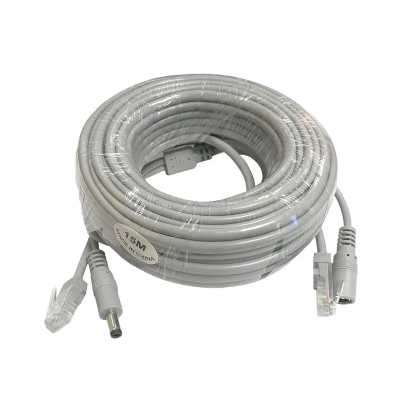 RJ45- ja tasavirtakaapeli valvontakameraan, vaihtoehtoina 5–20 m