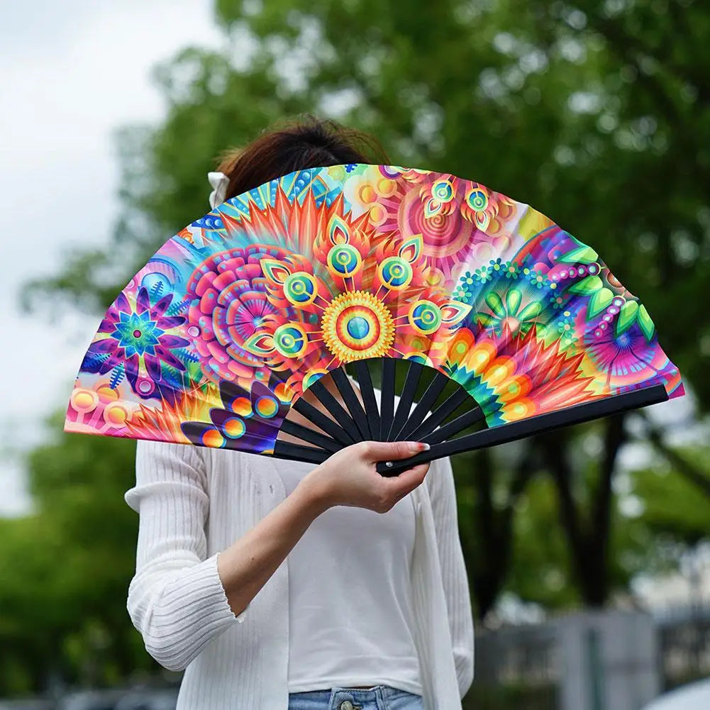 Bambusowy wachlarz składany 33 cm z fluorescencyjną tkaniną