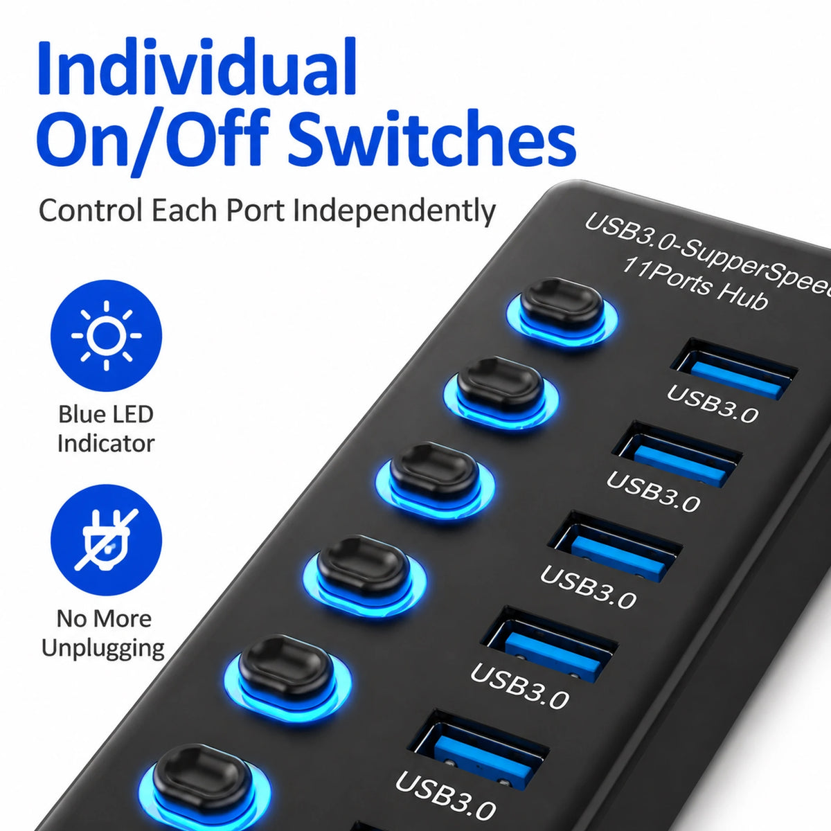 USB Hub with Long-Cable Options - Four to Eleven Ports