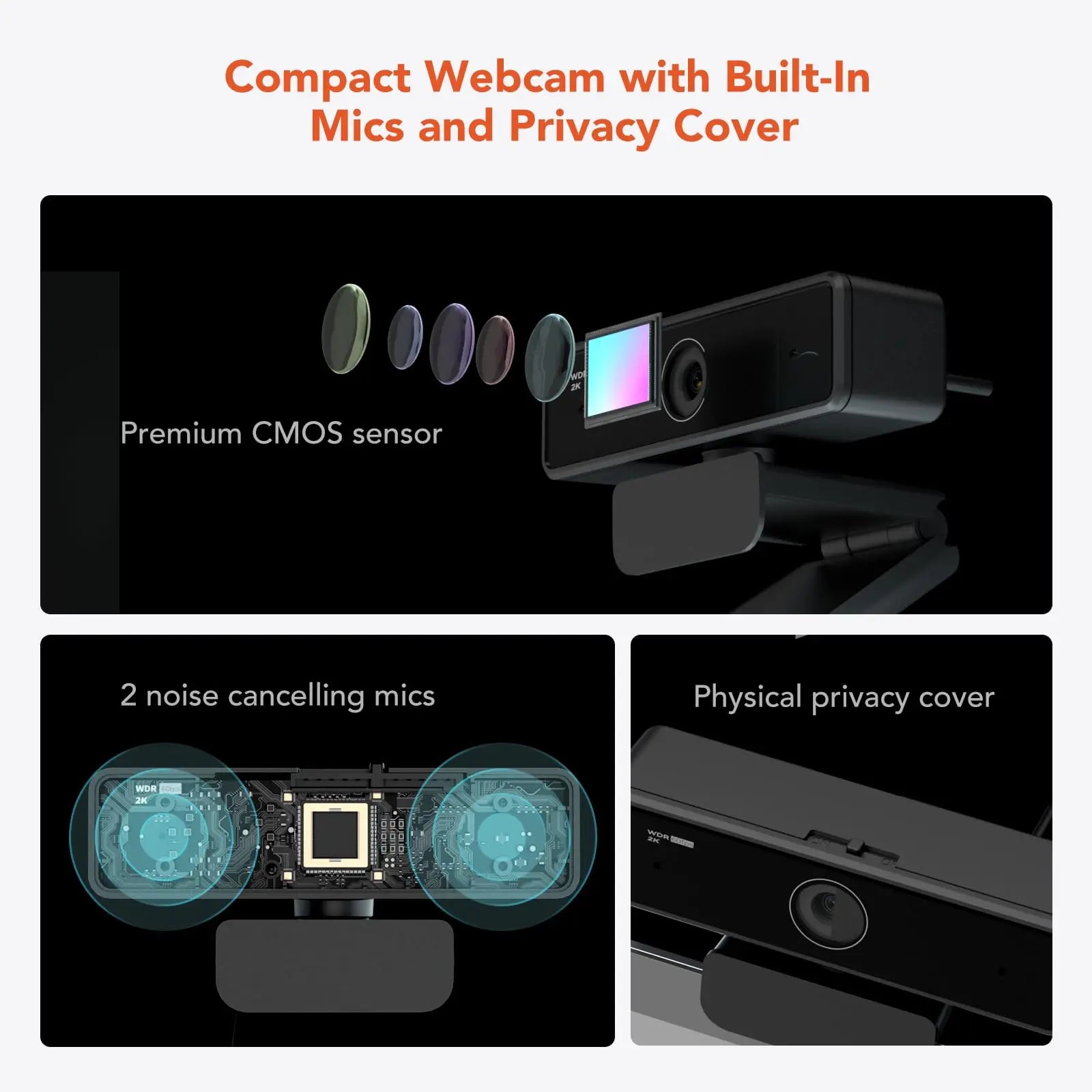 Nuroum 2K QHD Webcam 1440P/60FPS with Noise-Canceling Mics