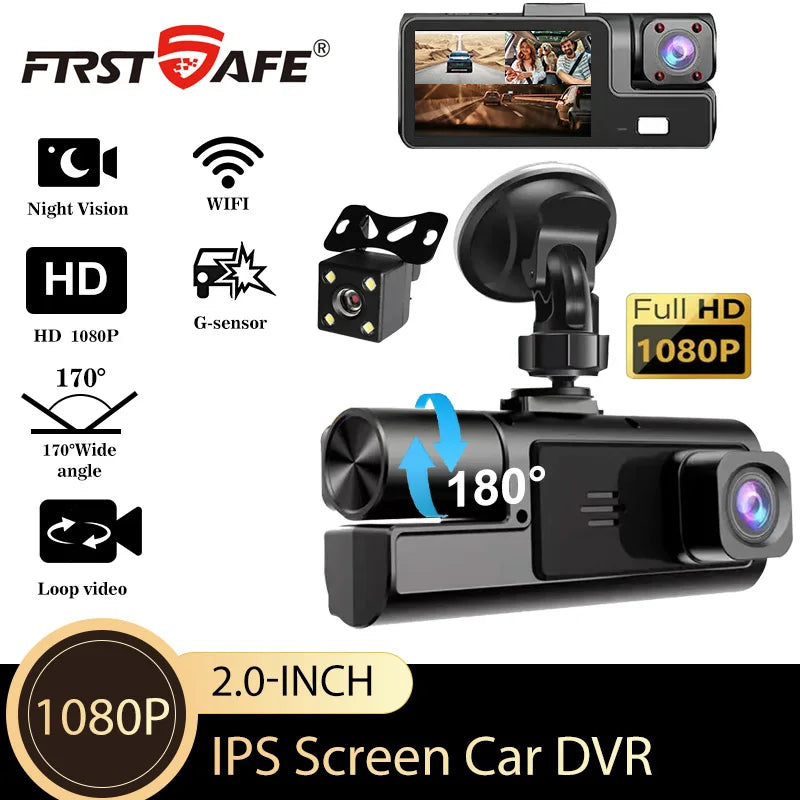 3 Channel WiFi Dash Cam Front Inside Rear 1080P Night Vision DVR
