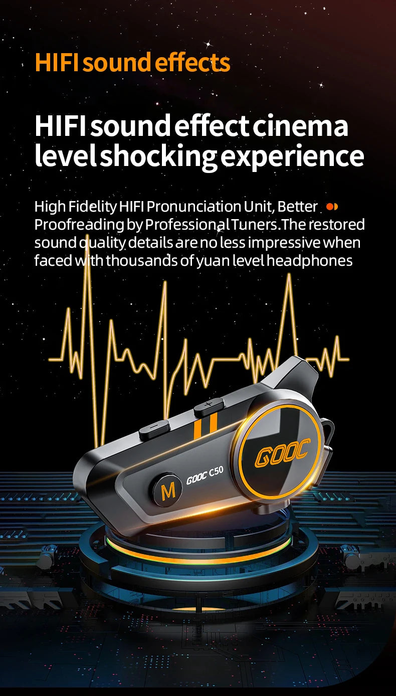 3D Surround Heavy Bass Motorcycle Helmet Headset Stereo Bluetooth Hands Free Call IPX7 Waterproof With Tri-Color Ambient Light