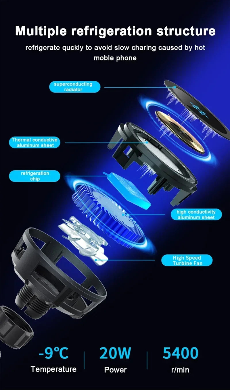 ice Cooling Magnetic Wireless Car Charger Stand for iPhone 16 15 14 13 12 Pro Max MacSafe Car Phone Holder Fast Charging Station