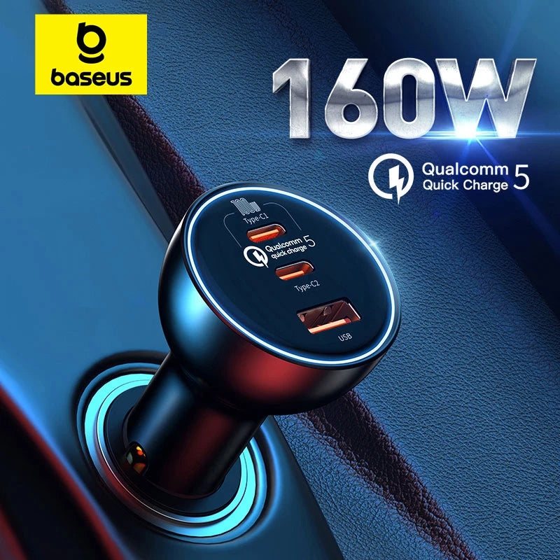 160W Rýchla autonabíjačka QC5 PD3.0 USB-C s dvoma portami pre telefóny a notebooky