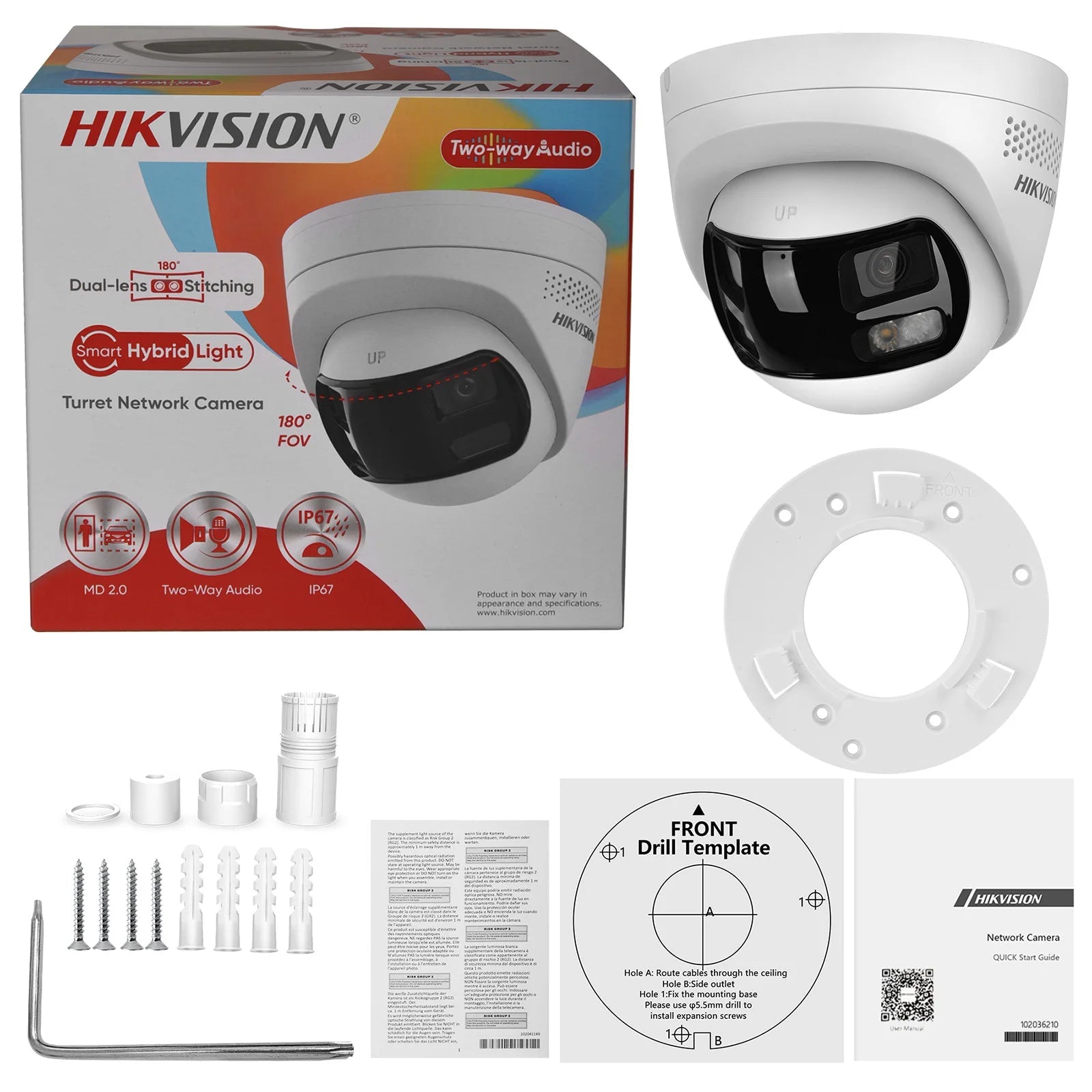 Hikvision DS-2CD1383G2P-LIUF/SL 8MP 4K Dual Lens Stitched 180° Wide Angle Smart Hybrid Light POE Network IP Camera MD 2.0 Audio