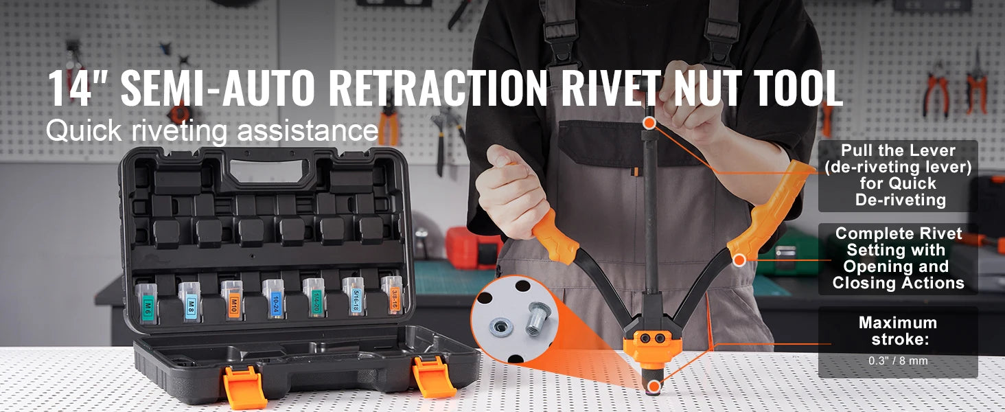 SucceBuy outil rivet nut 14" 16" Rivet Nut Tool kit avec mandrins métriques et SAE 70 pièces/186 pièces Rivet Nuts avec boîtier de transport robuste