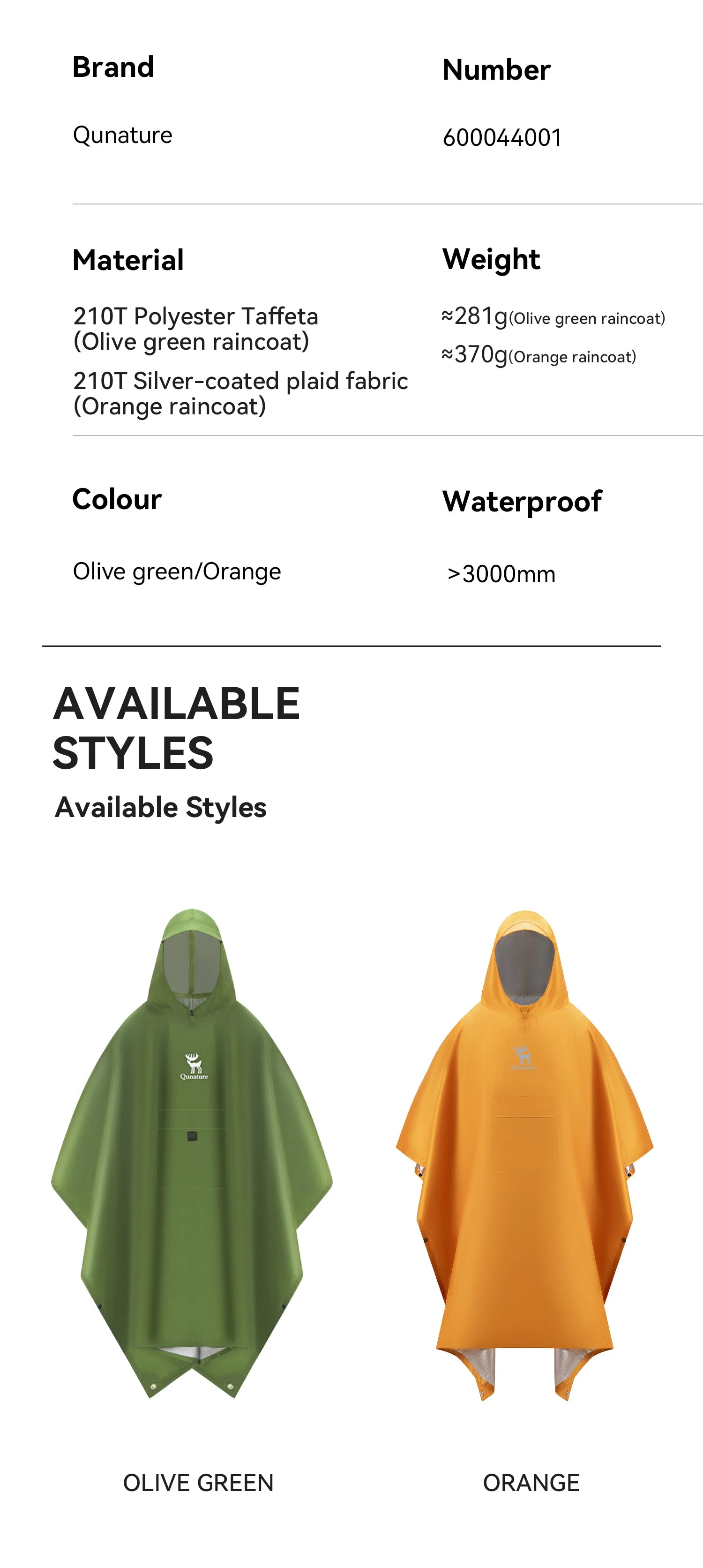 Capa de Chuva Qunature 100% Impermeável Casaco Longo de Chuva Leve Capa Dobrável para Caminhadas Toldo de Pesca Roupa de Chuva 3 em 1
