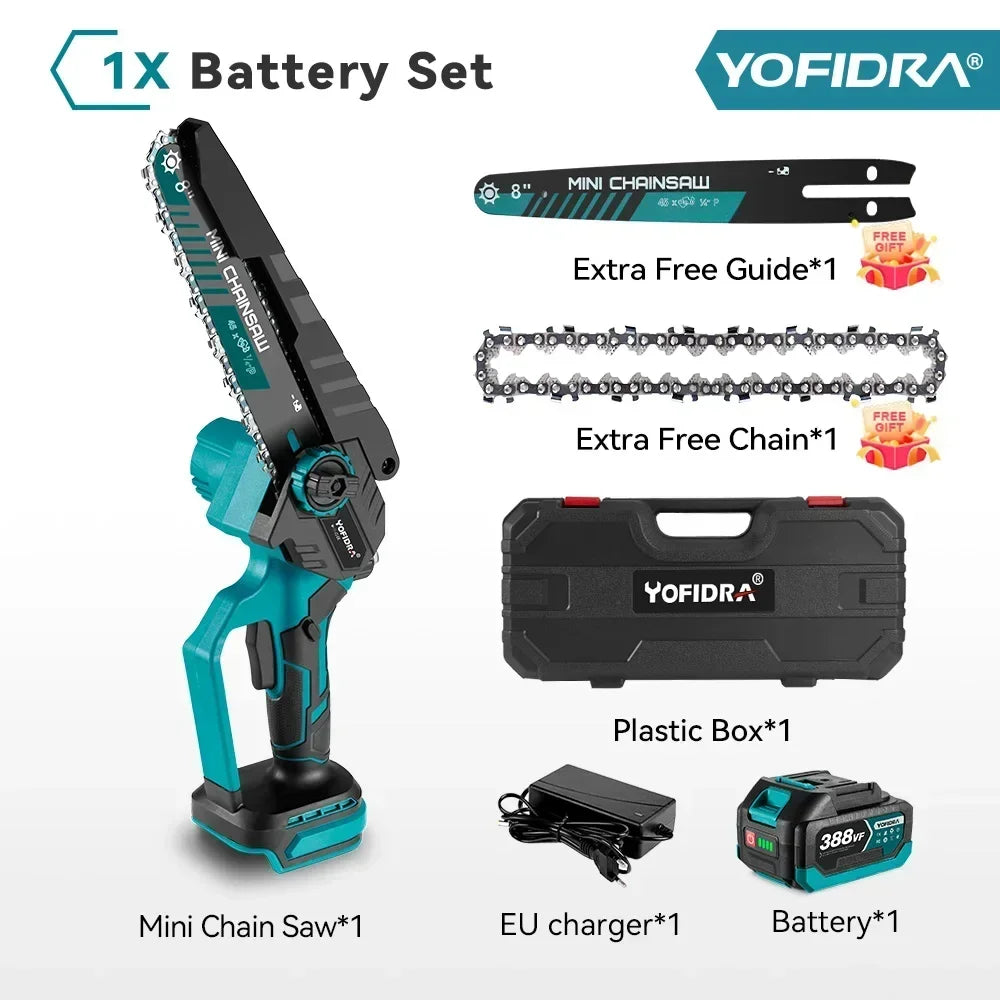 YOFIDRA 8 Inch Brushless Electric Chainsaw Cordless Rechargeable Garden Woodworking Cutting Power Tools For Makita Battery Pin