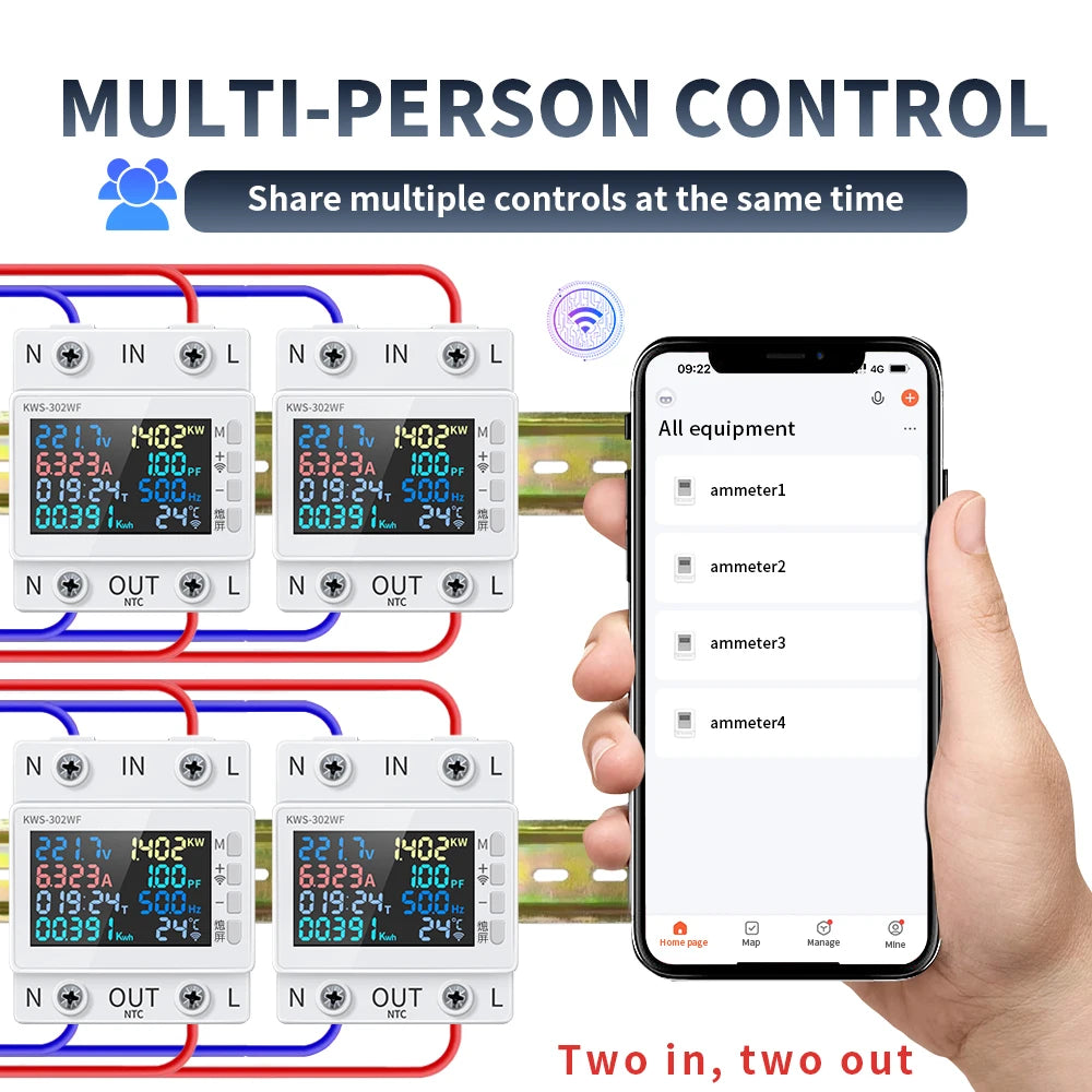 Tuya WiFi 8in1 Power Meter 2P AC Energy Meter APP Control 170-270V/63A Voltage and Current Meter Electricity Meter Smart Life