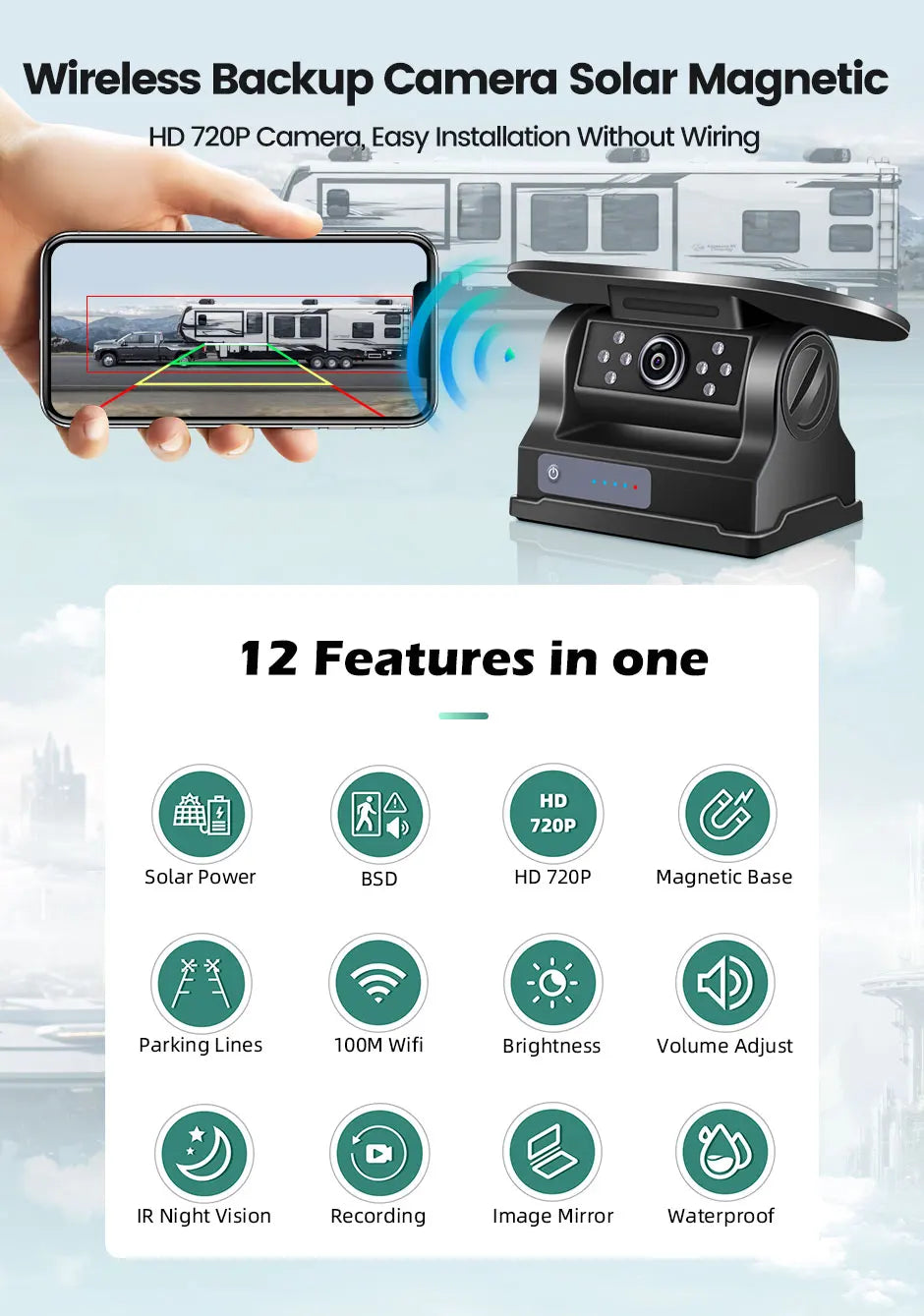 GreenYi 5G WiFi HD Solar Car Camera 100M Magnetic Base Wireless AI Blind Spot Alarm Backup For Bus Van Truck RV Front Rear View